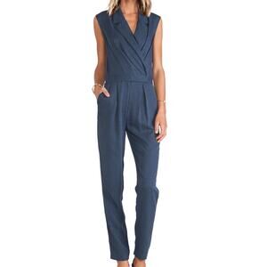 BCBGeneration Tuxedo Jumpsuit 6 Womens Blue Straight Leg Rayon Versatile V-Neck